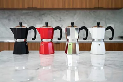 Stovetop Espresso Maker, 6-Cup Moka Pot, Silver, photographed on a counter.