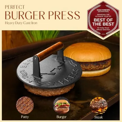 Smash Burger Press, Grill Press, Bacon Press, Meat Press, 7 Inch, Gray, photographed on a counter.