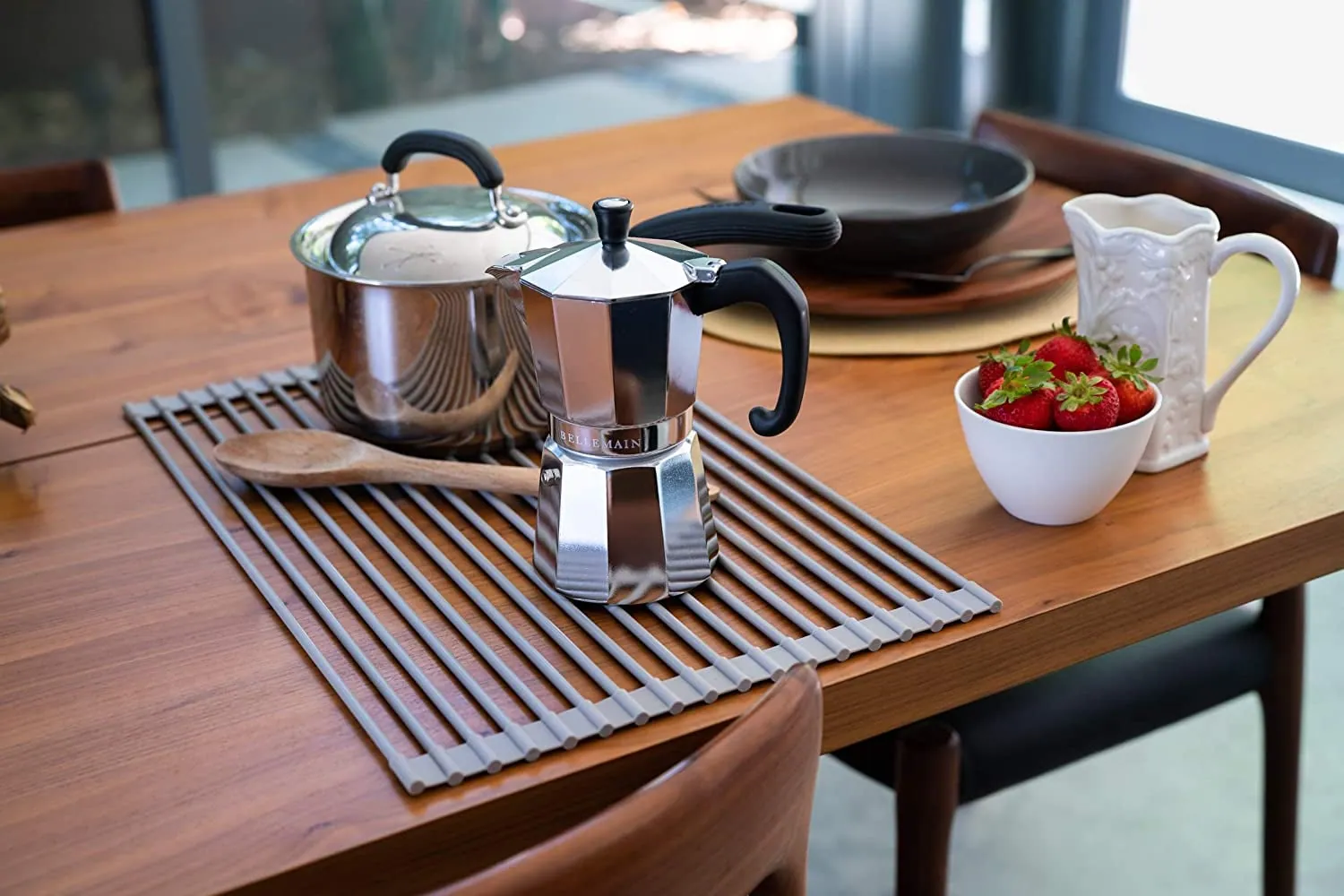 A moka pot on a drying rack: the six-cup makes two mugs, not six.