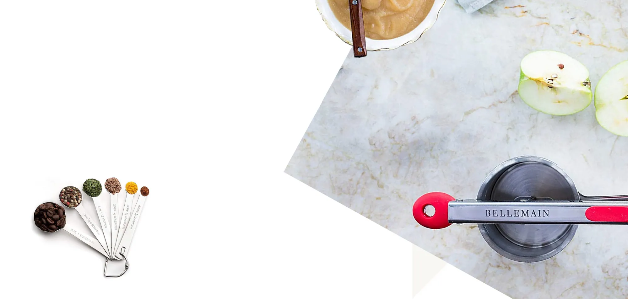 Measuring spoons and a press on marble: the two things we draw first are the handle and the edge.